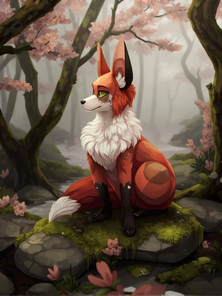 <lora:ck-LttleGhost-000011.safetensors:1> in the style of ck-lttlegh0stA crimson-and-white fox plush toy, carefully crafted by Tania Raccoon, sits regally on a mossy rock amidst a hushed forest glade. Soft, high-quality materials make for an irresistible texture, while pink blooms and mystical fog envelop this woodland wonder. Perfect for display or companionship, its woodland magic will captivate any space.