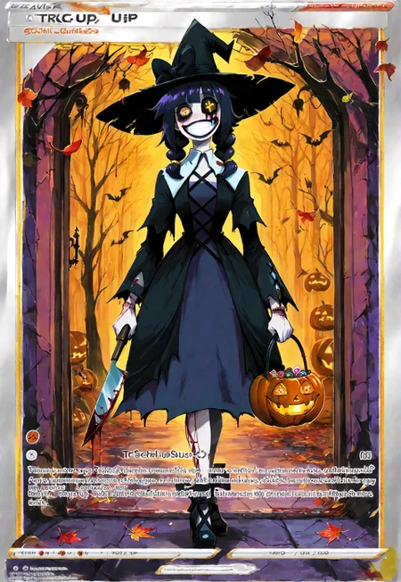 1girl, creepy susie, ((Goth Girl with very pale skin)) , eyepatch on left eye, smile, grin,
BREAK
score_9, score_8_up, score_7_up, score_6_up, source_cartoon,
GothMakeup,
black hair bow, black sclera, colored sclera, yellow eyes, short black hair, braids, black dress, black high heels, stitches, injury, scars, + +, injury, scars, blood, black tears, tr1ck0rtr3at, holding, Halloween bucket in left hand, doorway, street background, jack-o'-lantern, trees, falling leaves, yellow orange and red leaves, holding a butcher knife in right hand, witch hat, pokecards, pokemon cards, colored border, text,