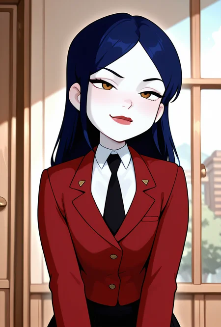 ((cartoon, screencap)) <lora:tiffanyos:1> tiffanyos, 1girl, long hair, blue hair, parted bangs, black necktie, school uniform, black skirt, white shirt, lipstick,red jacket, pale skin,, masterpiece, best quality, amazing quality, very aesthetic, absurdres, newest,, upper body, halftone effect, white borders, abstract background:1.2,