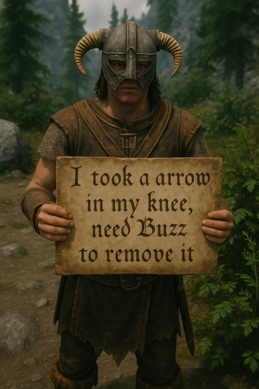 A game character holding a cardboard saying 'I took a arrow in my knee, need Buzz to remove it'