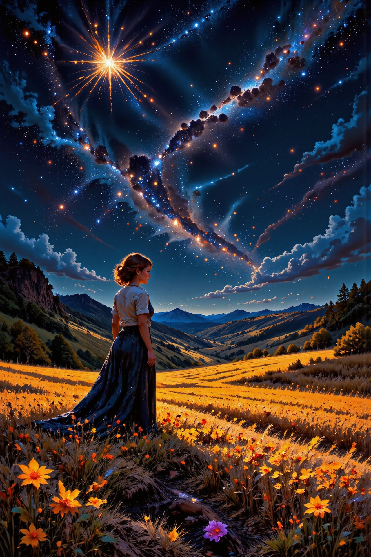 (wheat field),  beautiful (Hungarian) fantasy landscape,  bright luminous starry night, woman, intricate, very detailed, sharp, colorful, <lora:Hand v2:1> <lora:Anti-Blur:1> <lora:Insane Detail Slider:0.5>   <lora:Flux.1_Turbo_Detailer:0.6> <lora:flux-photo-transparent_Alpha_1.0:0.8> <lora:flux.1_lora_flyway_Epic-detail_v2:0.6> <lora:Painterly01b_CE_FLUX_AIT:0.8> pntrlyCE_style, <lora:VividlySurreal:0.8>, <lora:FluxMythP0rtr4itStyle:0.8> mythp0rt