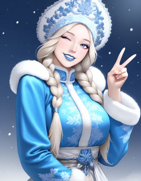 <lora:ëª¨ë¹ë:0.25>, <lora:KoreanStyleSDXLvpred10:0.25>, aikoreanstyle, korean, asian, <lora:ABBB(ah-lyong_lee)-artist-illustrious v01:0.25>, abbb, (kidmo:0.25), 
masterpiece, best quality, ultra-detailed, absurdres, newest, correct anatomy, <lora:Snegurochka_IL-10:1>, snegurochka, 1girl, slavic girl, platinum blonde hair, blue eyes, kokoshnik_headdress, blue coat, white fur trim, spruce, snowfall, rich embroidery on clothes, light smile, blue lips, blue eyeshadow, glitter makeup, twin braids, wink, one eye closed, head tilt, v_sign, pose