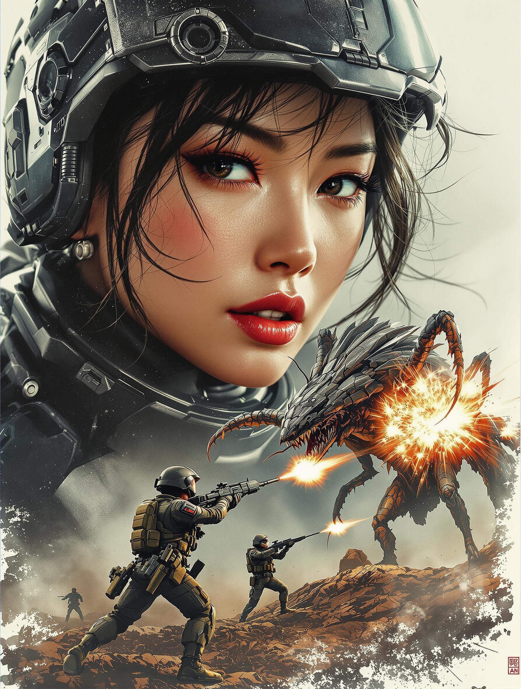 photorealistic poster ink art, double exposure image, the first image positioned at the bottom, featuring a closeup portrait of a beautiful oriental woman wearing Earth Defence Force sci-fi armour, dishevelled hair, slightly parted lips, [masterpiece], [best quality], chiascuro, below a scene of Earth Defence Force commandos battling a giant insectoid monster, firing weapons at the monster