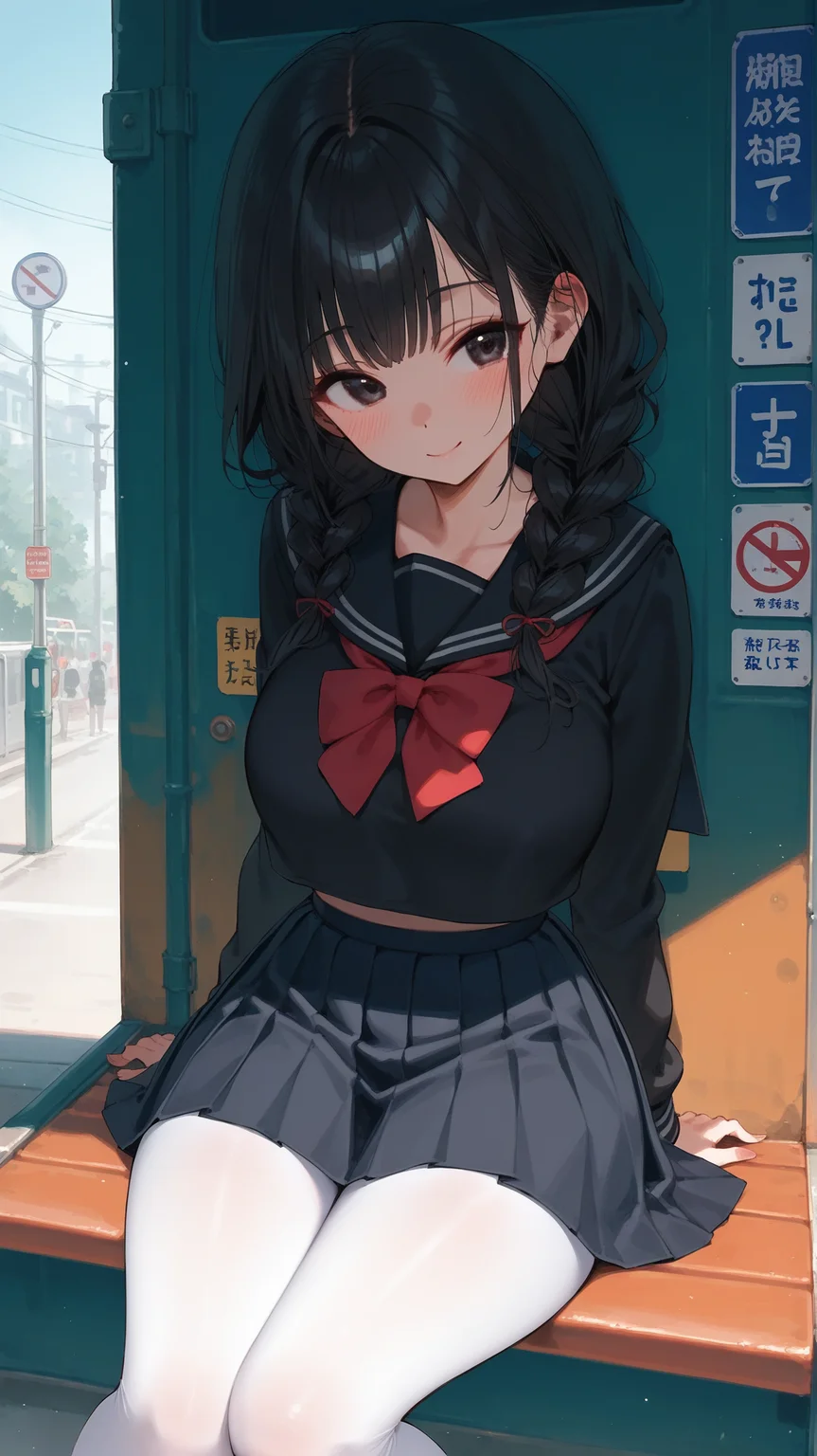 score_9,score_8_up,score_7_up,
1girl,solo,
<lora:mi-rei-Pony-V3-05:0.8>,mi-rei,
black hair,long hair,black eyes,large breasts,twin braids,
black shirt,black skirt,white pantyhose,serafuku,school uniform,pleated skirt,
light smile,blush,
sitting,
looking at viewer,bus stop,