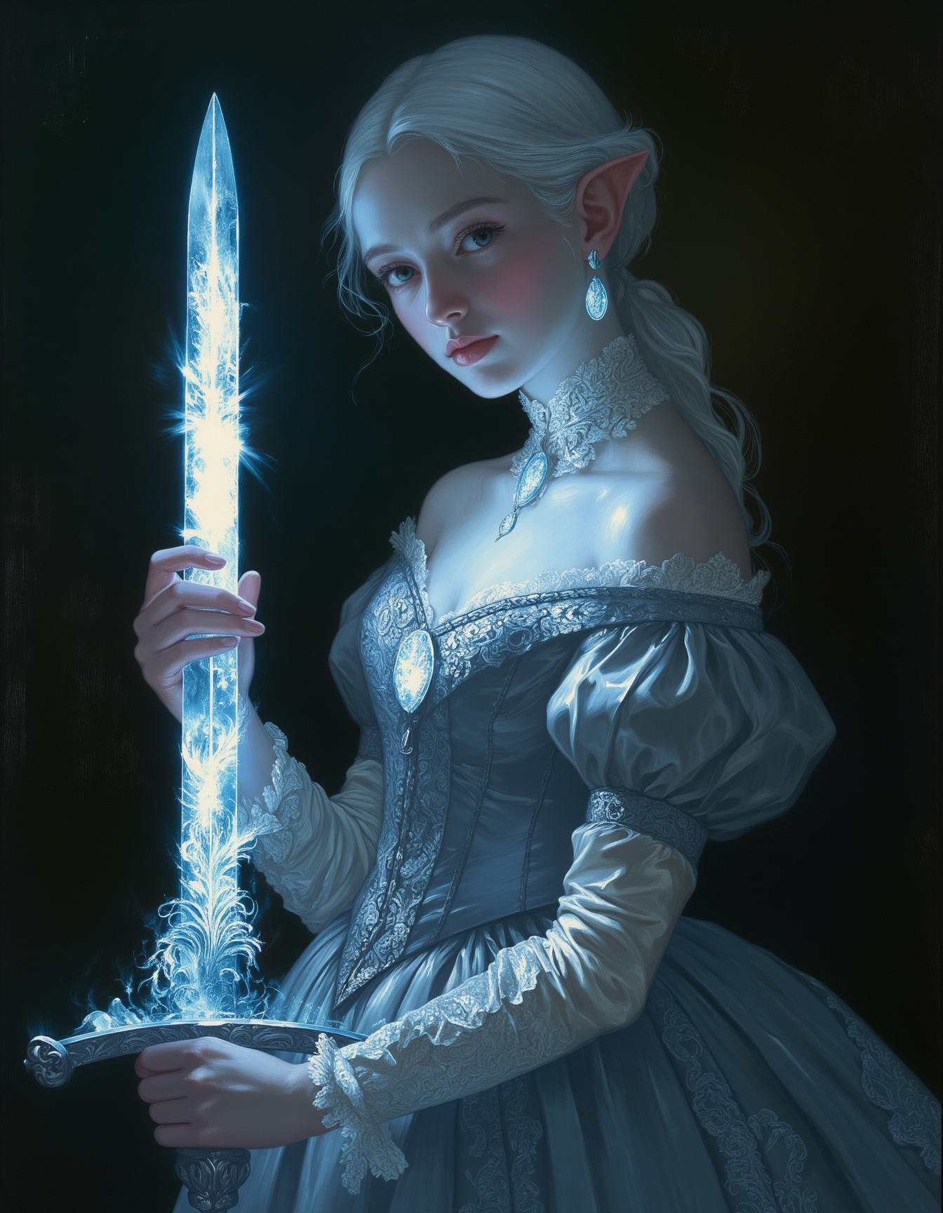 oil painting, ultra high quality, very detailed, a petite teen elf girl holding a sword with shimmering glowing glass blade. Her face is delicate, with angular features and luminous, almost ethereal white skin. Her large, almond-shaped eyes are a striking shade of silver-blue, framed by long lashes. She has sleek, waist-length hair, silken and platinum white, cascading in gentle waves down her back. She wears an intricately designed Victorian-style corseted dress, adorned with fine lace and embroidery, the fabric a muted shade of icy blue with silver accents. The corset emphasizes her slender frame, and the full, layered skirt brushes, warm God glow, by Albert Lynch, Abbott Handerson Thayer, bio ink runes written on the sword blade, close up, dnddarkestfantasy, ultra detailed, romantic,  Oil paint with visible brush strokes, dry brush painting, novuschroma, in the style of Rembrandt. FS, vantablack <lora:style_of_Rembrandt_FLUX_135:.8> <lora:- Flux1 - vanta_black_V2.0:.6> <lora:113_novuschromaFLX_1:.2> <lora:BioInk2FLUX:0.5> <lora:dark_fantasy_flux:.7> <lora:neeeg_f1:-.5> <lora:FS_v2:.4>