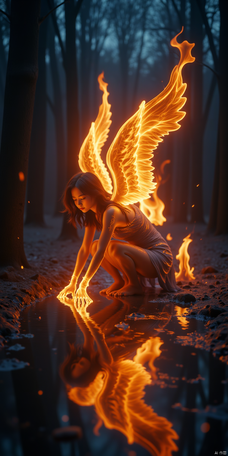 bailing_fire,A girl made entirely of flames stands,In this image, a woman has wings made of flames, as if they are composed entirely of fire. The wings create a strong visual contrast with the dark forest background, and the light contrasts sharply with her surroundings. She crouches down, her hands touching the water that reflects the flames, seemingly interacting with the fire. The whole scene exudes a sense of mystery and power.