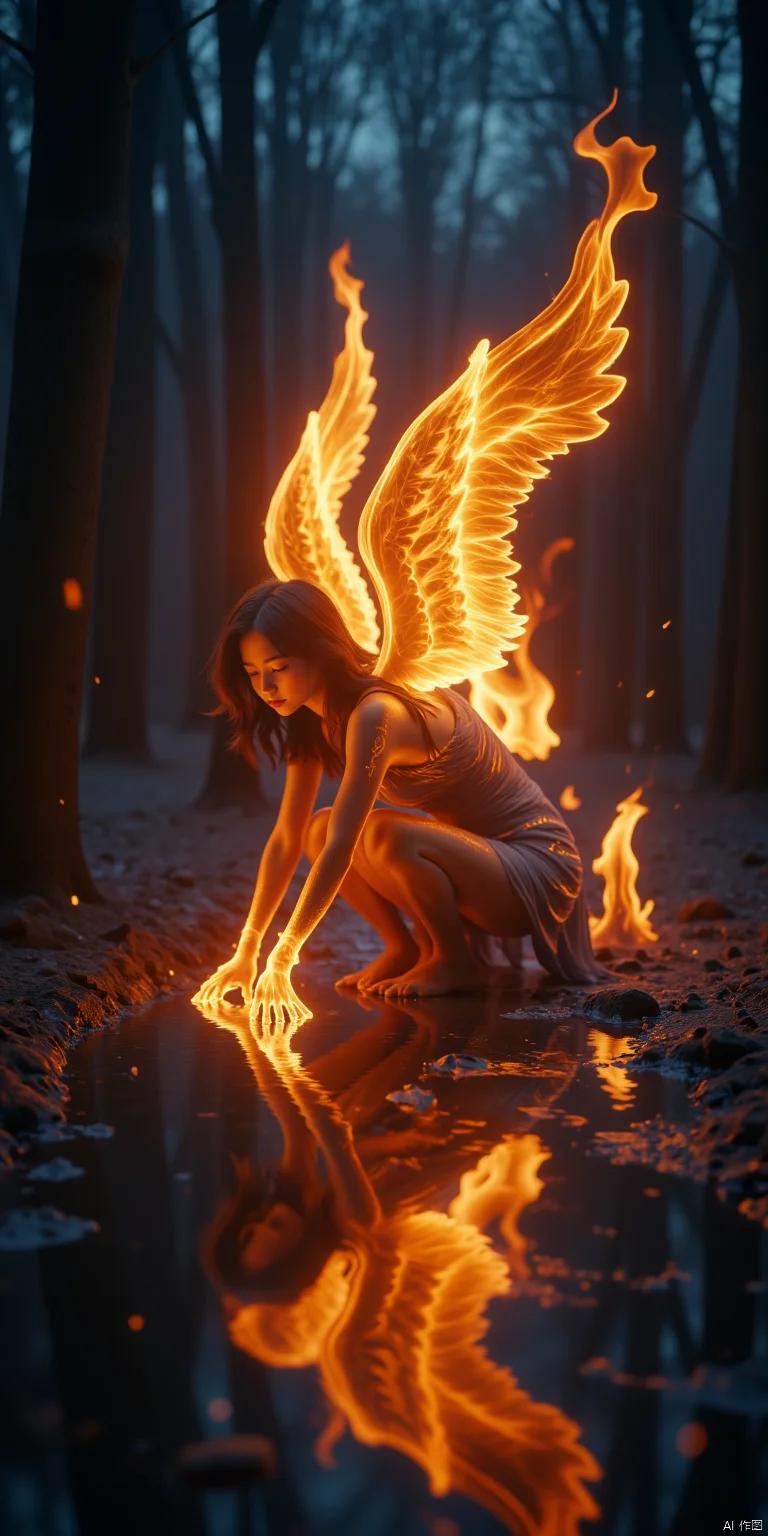 bailing_fire,A girl made entirely of flames stands,In this image, a woman has wings made of flames, as if they are composed entirely of fire. The wings create a strong visual contrast with the dark forest background, and the light contrasts sharply with her surroundings. She crouches down, her hands touching the water that reflects the flames, seemingly interacting with the fire. The whole scene exudes a sense of mystery and power.