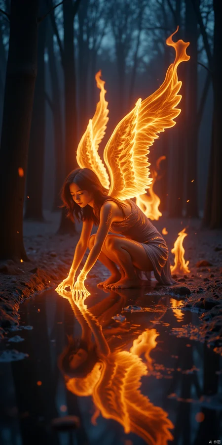 bailing_fire,A girl made entirely of flames stands,In this image, a woman has wings made of flames, as if they are composed entirely of fire. The wings create a strong visual contrast with the dark forest background, and the light contrasts sharply with her surroundings. She crouches down, her hands touching the water that reflects the flames, seemingly interacting with the fire. The whole scene exudes a sense of mystery and power.
