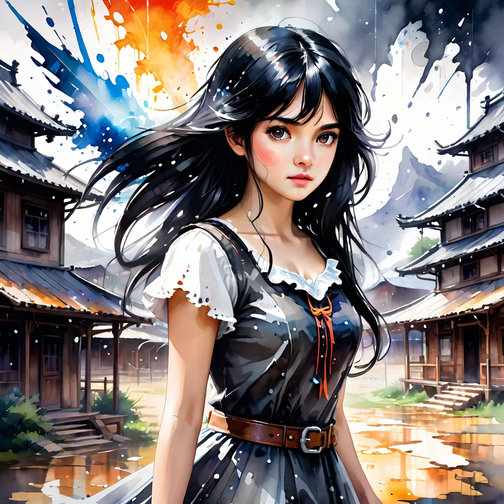 ink splashing,semi realistic, 2d game scene,oil and watercolor painting,
 <lora:fantasy_world:1>ï¼
(masterpiece), best quality, (wallpaper), highly detailed, (1 girl), solo, black hair, long hair, white eyes, detailed eyes, black dress, dynamic, lateral view, cowboy shot, dynamic angle, (ether:1.5), (landscape:1.2), (dissolving:1.2), (fading:1.35), (disintegration:1.5), transparent, grey sky, [wings:(dimensional space):0.35], (broken glass:1.2), reclaimer of my name, The End