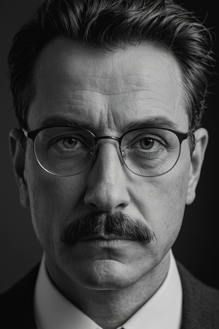 A close-up portrait of a man with moustache and glasses,looking serious into the camera. Black and white,high contrast,reminiscent of the cinematography of Freddie Young