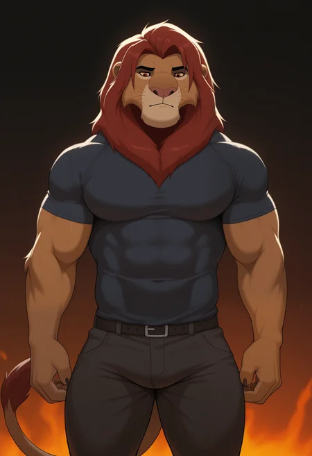 masterpiece,best quality,amazing quality, 1boy, solo,
s1mb4, colored sclera, brown fur, red eyes, red mane, bara, lion tail, shirt, pants,