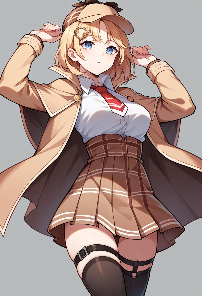 score_9,score_8_up,score_7_up,score_6_up,score_5_up,score_4_up,
1girl, watson amelia, large breasts, deerstalker, hat, white shirt, collared shirt, red short necktie, brown capelet, brown coat, brown skirt, high-waist pleated plaid skirt, thigh strap, black thighhighs, monocle, hair ornament, bob cut, 
solo, grey background, simple background, cowboy shot, looking at viewer,
<lora:ameliaponyxl:1>