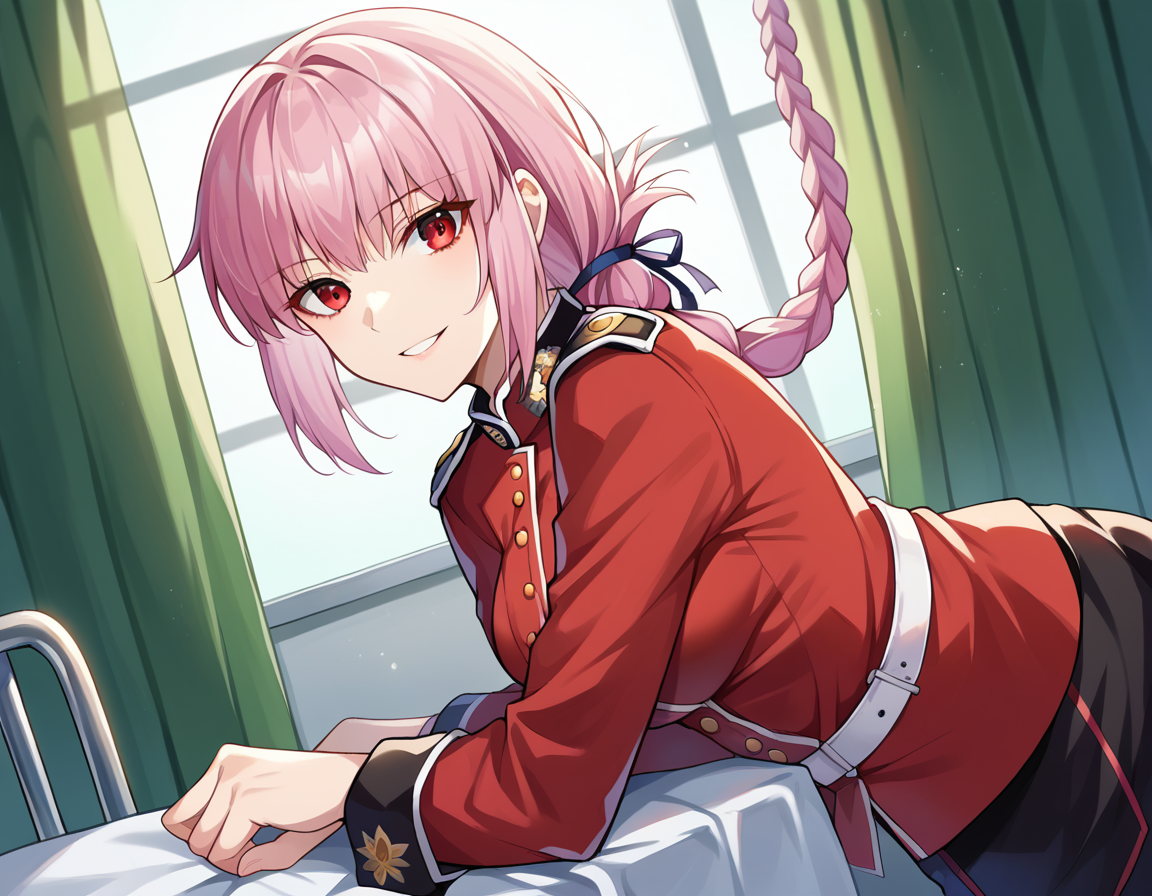 score_9, score_8_up, score_7_up, source_anime,
florencenightingale, <lora:florence-nightingale-ponyxl-lora-nochekaiser:1>,
florence nightingale, pink hair, long hair, red eyes, hair braid, sidelocks, folded ponytail, single braid, braid, braided ponytail,
military, military uniform, uniform, red uniform,
indoors, hospital, bent over, smile,
looking at viewer, dutch angle,