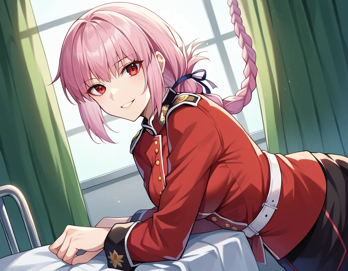 score_9, score_8_up, score_7_up, source_anime,
florencenightingale, <lora:florence-nightingale-ponyxl-lora-nochekaiser:1>,
florence nightingale, pink hair, long hair, red eyes, hair braid, sidelocks, folded ponytail, single braid, braid, braided ponytail,
military, military uniform, uniform, red uniform,
indoors, hospital, bent over, smile,
looking at viewer, dutch angle,
