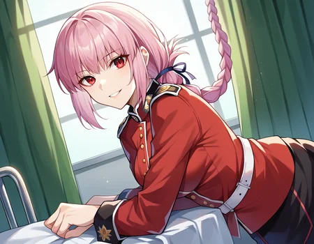 score_9, score_8_up, score_7_up, source_anime,
florencenightingale, <lora:florence-nightingale-ponyxl-lora-nochekaiser:1>,
florence nightingale, pink hair, long hair, red eyes, hair braid, sidelocks, folded ponytail, single braid, braid, braided ponytail,
military, military uniform, uniform, red uniform,
indoors, hospital, bent over, smile,
looking at viewer, dutch angle,