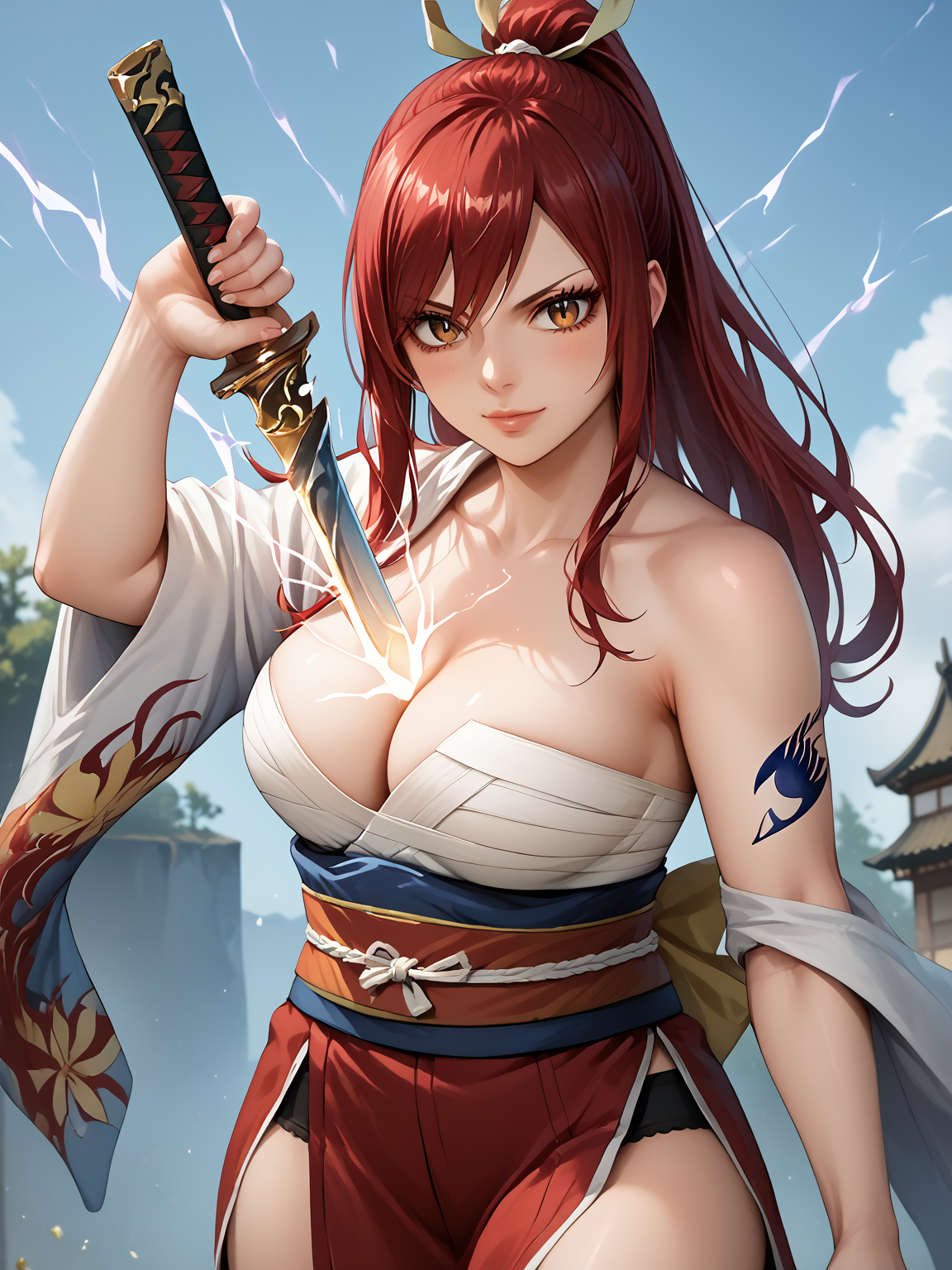 score_9, score_8_up, score_7_up, score_6_up, score_5_up, score_4_up, source_anime, detailed eyes, beautiful eyes, <lora:PONYXL_FD-MegaBreastPack:0.7>  <lora:Erza_Scarlet_V2_r1:1> ErzaScarlet, red hair, long hair, very long hair, hair over eye, brown eyes, sanpaku eyes, arm tattoo, blue tattoo, <lora:HumanScabbardV2_XLPD:1> human scabbard, holding, holding weapon, holding sword, electricity, cleavage, flower kimono, sarashi, chest bandage, thigh slit, bare thigh,
