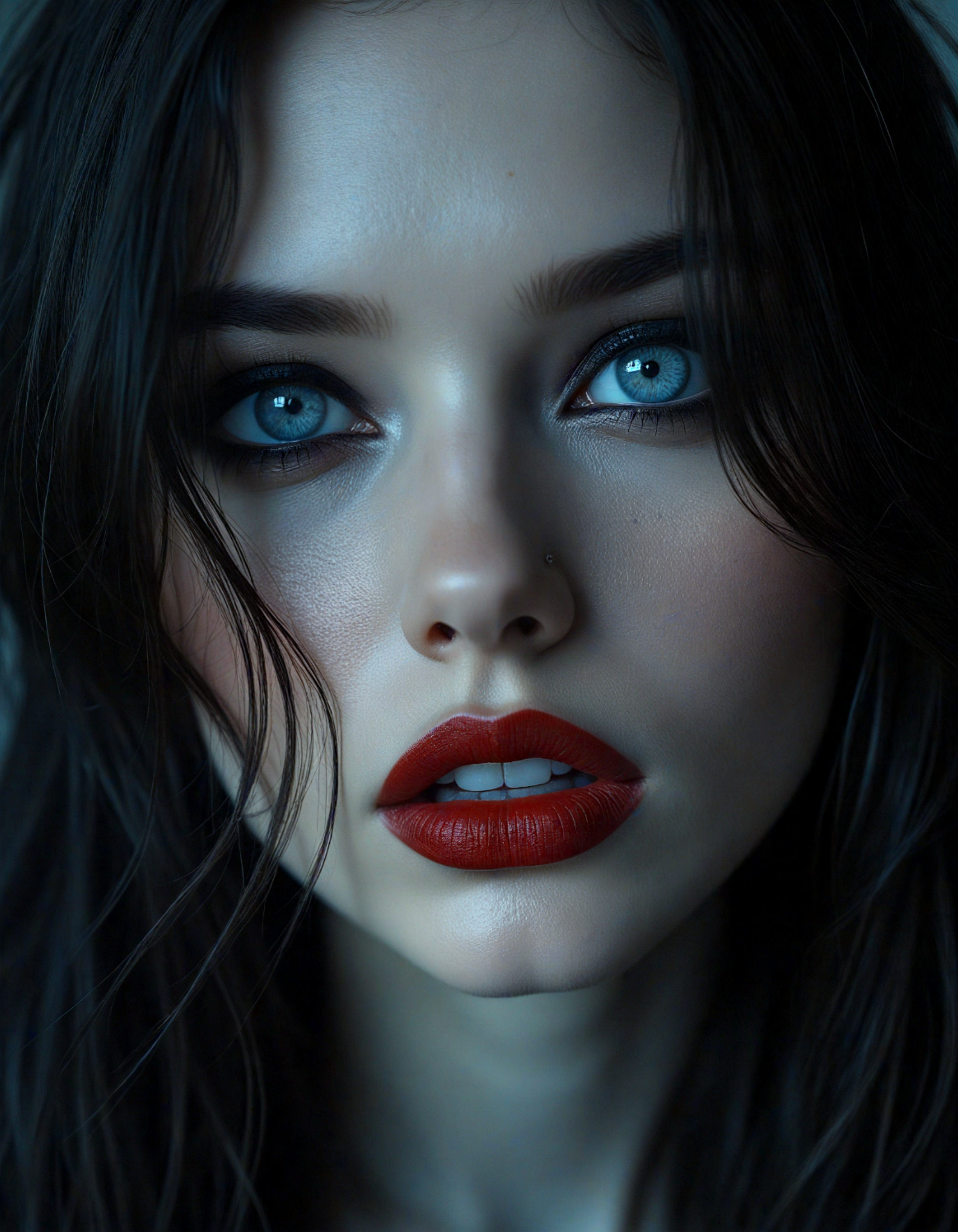 hyperrealistic art (dark mood masterpiece Photography:1.2), portrait of a mysterious woman with blue eyes and bold eyeliner, she has sensuous lips, looking seductively, naughty, shy smirking. The extreme realism focuses on her detailed skin, showing fine textures and natural highlights. photography masterpiece, modern, irresistible beauty, fuzzy lighting, dark mood, unusual composition, use of negative space, (rule of thirds composition), simmetry , mysteriouse, emotional, flirting, (fine erotic content:0.65), groundbreaking unrivaled opus with unrivaled details, (__wildcardsv2.0/color__ color scheme), highly detailed, melancholic, low-light hyper detailed photography, catchlights, style by Luis Royo . extremely high-resolution details, photographic, realism pushed to extreme, fine texture, incredibly lifelike,, extreme close-up shot,style by luis royo . extremely high-resolution details, photographic, realism pushed to extreme, fine texture, incredibly lifelike