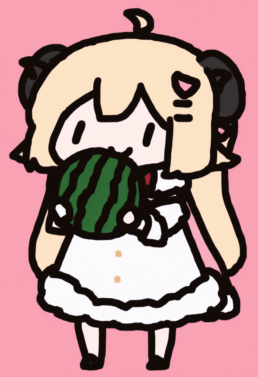 chibi, masterpiece, best quality, <break> full body, solo, 1girl, WtmBase, smile, holding fruit, watermelon, horns, blonde hair, very long hair, ahoge, pink hair ornament, white fur-trimmed dress, short dress, red bowtie, detached sleeves, layered sleeves, pouch, bare shoulders, fur-trimmed cape, pink cape