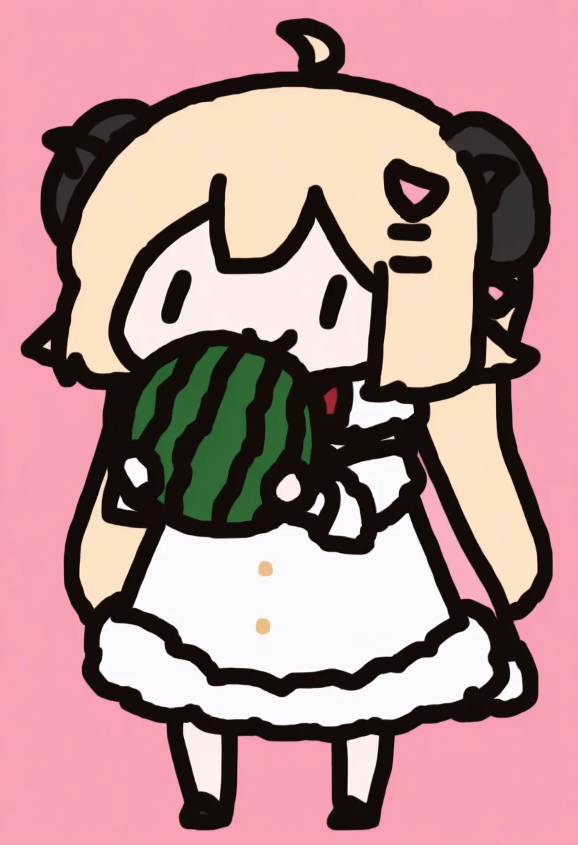 chibi, masterpiece, best quality, <break> full body, solo, 1girl, WtmBase, smile, holding fruit, watermelon, horns, blonde hair, very long hair, ahoge, pink hair ornament, white fur-trimmed dress, short dress, red bowtie, detached sleeves, layered sleeves, pouch, bare shoulders, fur-trimmed cape, pink cape