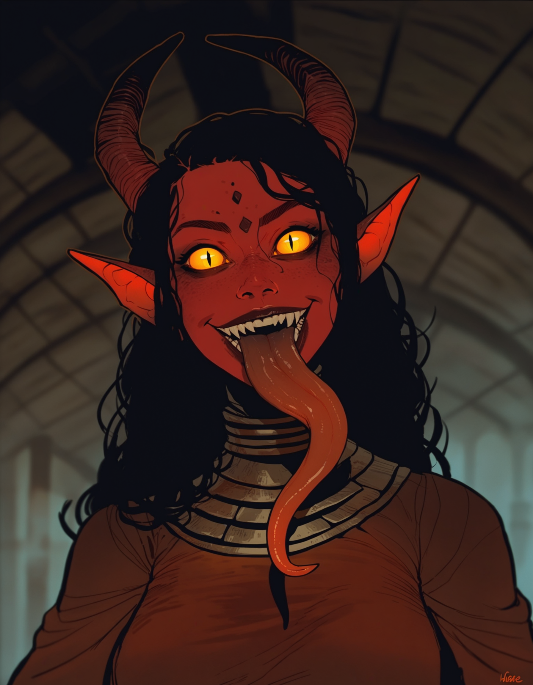 1girl, female, solo,
looking at viewer, smile, standing, upper body,
black hair, golden eyes, demon girl, humanoid, tongue out, slit pupils, long tongue, prehensile tongue,
celtic runes, runic dress, underground, crypt,
BREAK
score_9, score_8_up, score_7_up, score_6_up, score_5_up, score_4_up, source_cartoon, rating_safe,
<lora:incase_style_v3_ponyxl_ilff:0.9>