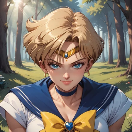 score_9, score_8, BREAK, solo, Sailor Uranus, blonde short hair, sailor senshi uniform, darkblue boots, circlet, darkblue skirt, darkblue sailor collar, yellow bowtie, darkblue choker, white gloves, sexy pose, self portrait, smile, outdoors, sunlight, shadows, evening lighting, natural lighting, forest, trees, grass, orange sky, sunset