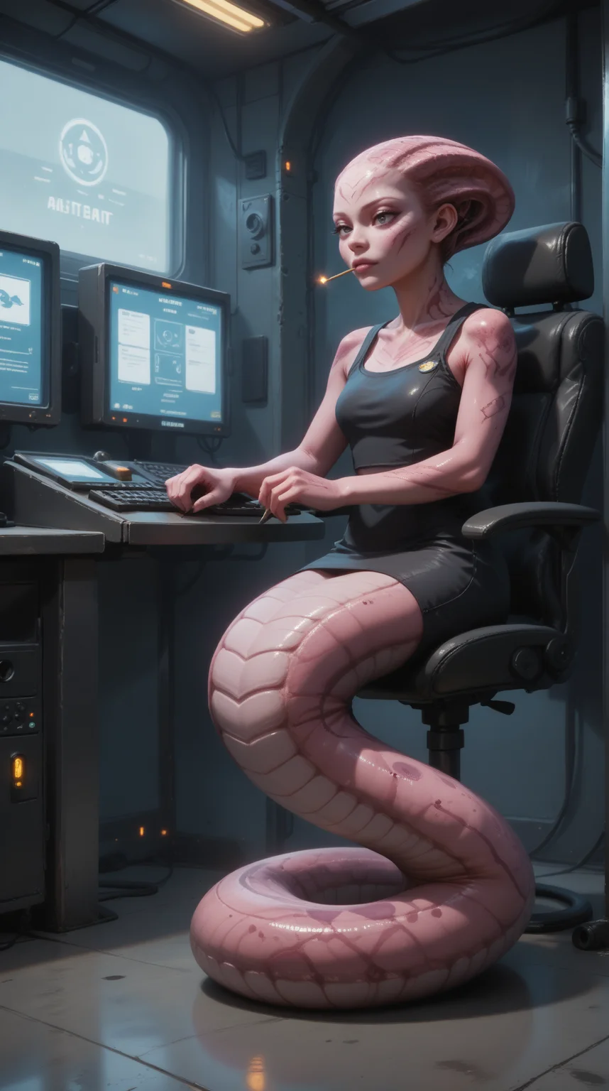 score_9, score_8_up, score_7_up, score_6_up, score_5_up, <lora:NagaPDXL_V2:0.8> naga, 1girl, amused, One Arm Akimbo, Pencil skirt, french twist, Magenta skin, full body view, in location dimly-lit spaceship cockpit, with a single chair and holographic controls, best quality, masterpiece
<lora:dmd2_sdxl_4step_lora:0.7>
