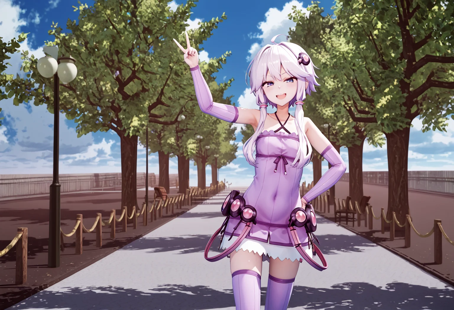 score_9, score_8_up, score_7_up,
<lora:YuzukiYukari_Uzai_V1:1>1girl, blue sky, bridge, closed mouth, cloud, cowboy shot, day, facing viewer, feet out of frame, hand on hip, jacket, lamppost, looking at viewer, open mouth, outdoors, outstretched arm, park, photo background, road, scenery, shadow, sleeveless, sleeveless dress, smile, solo, standing, tree, w, walking, wide shot, zettai ryouiki
smug, smirk, blush, teeth, peace sign, double peace sign,>_<,><;,