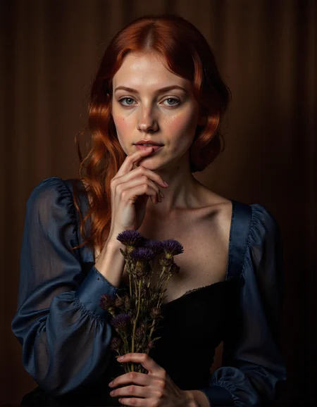 UHD, 8K, ultra detailed, a cinematic photograph of Rembrandt style This is a highly detailed, high-resolution photograph of a young woman with striking, long, wavy red hair that cascades down her back and shoulders. Her skin is fair and freckled, giving her a natural, youthful appearance. She has large, expressive blue eyes and a slight, thoughtful expression as she gazes directly at the camera with one hand gently touching her lips. She is wearing a deep blue, silky blouse with long, puffed sleeves that have a subtle sheen and a soft, almost ethereal texture. The blouse contrasts beautifully with her vibrant hair and pale skin. In the lower left corner of the image, she holds a bouquet of dark blue thistles, adding an element of natural beauty and texture to the composition. The background is a muted, dark brown, which helps to highlight the subject and the rich colors of her hair and clothing. The lighting is soft and warm, creating gentle shadows that accentuate the contours of her face and the intricate details of her hair and clothing. The overall mood of the photograph is serene and contemplative, with a touch of timeless elegance., <lora:red:1>, frustrated_brow . Baroque, chiaroscuro, realistic, emotional, "flat lighting, beautiful lighting, great composition