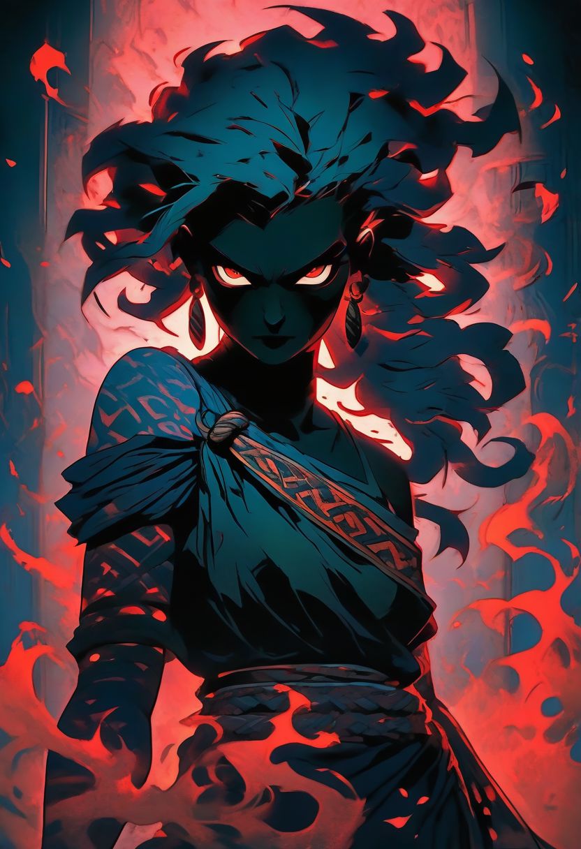 In a fantasy dungeon, a mysterious female silhouette, Herald of Chaos. Bright tattoos. Mystical power. Toga with dark slit. Sensual and dangerous. eroticism. tribal aesthetic. mystical color palette