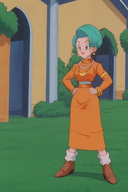 source_anime, score_9, score_8_up, score_7_up, anime screencap,8k, absurd res,
bulma, 1girl, solo, smile, short hair, blue eyes, outdoors, grass, fingernails, standing, full body, earrings, necklace, bracelet, aqua hair, armband, orange sweater, turtleneck sweater, midriff, undershirt, brown shirt, long sleeves, orange skirt, long skirt, loose socks, white legwear, boots, brown footwear, hands on hips, looking at another, pearl necklace
<lora:bulmaGT_pony_v1:0.8>