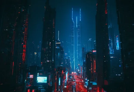 night cityscape, skyscrapers, illuminated buildings, neon lights, urban skyline, futuristic, cyberpunk aesthetic, red and blue tones, low ambient light, atmospheric haze, street lamps, architectural lighting, high-rise towers, city glow, modern metropolis, dynamic composition, wide shot