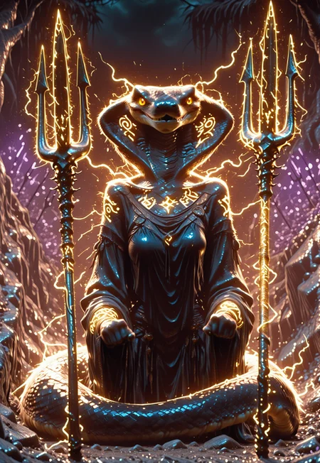 1girl, solo, DDCH Naga, ((snake head)), ((black scale)), ((horns)), ((ritual tattoos, glowing tattoos)), ritual clothes, ((one trident weapon, violet electricity trident weapon, in two hands)), ((Points the weapon at the viewer)), snake tongue, gold eyes, ((snake tail Instead of legs)), ((one tail)), ((detail head view)), BREAK, ((dynamic close up view,)), (((dynamic angle))),  BREAK, (((dark night))), rocks, swamp background, 
HDR, 8k, high contrast, masterpiece, best quality, amazing quality, very aesthetic, high resolution, ultra-detailed, absurdres, perfect lighting, volumetric lighting, dramatic shadows, (dark light), cinematic lighting, (sharp image), safe, scenery, (perfect anatomy, perfect hand anatomy, perfect face anatomy, perfect eyes anatomy, perfect mouth anatomy), perfect lighting, (sharp image), perfect anatomy, Focus face, (sharp focus),  ILXLpos, midniji, vibrant colors, detailed character design, dynamic poses