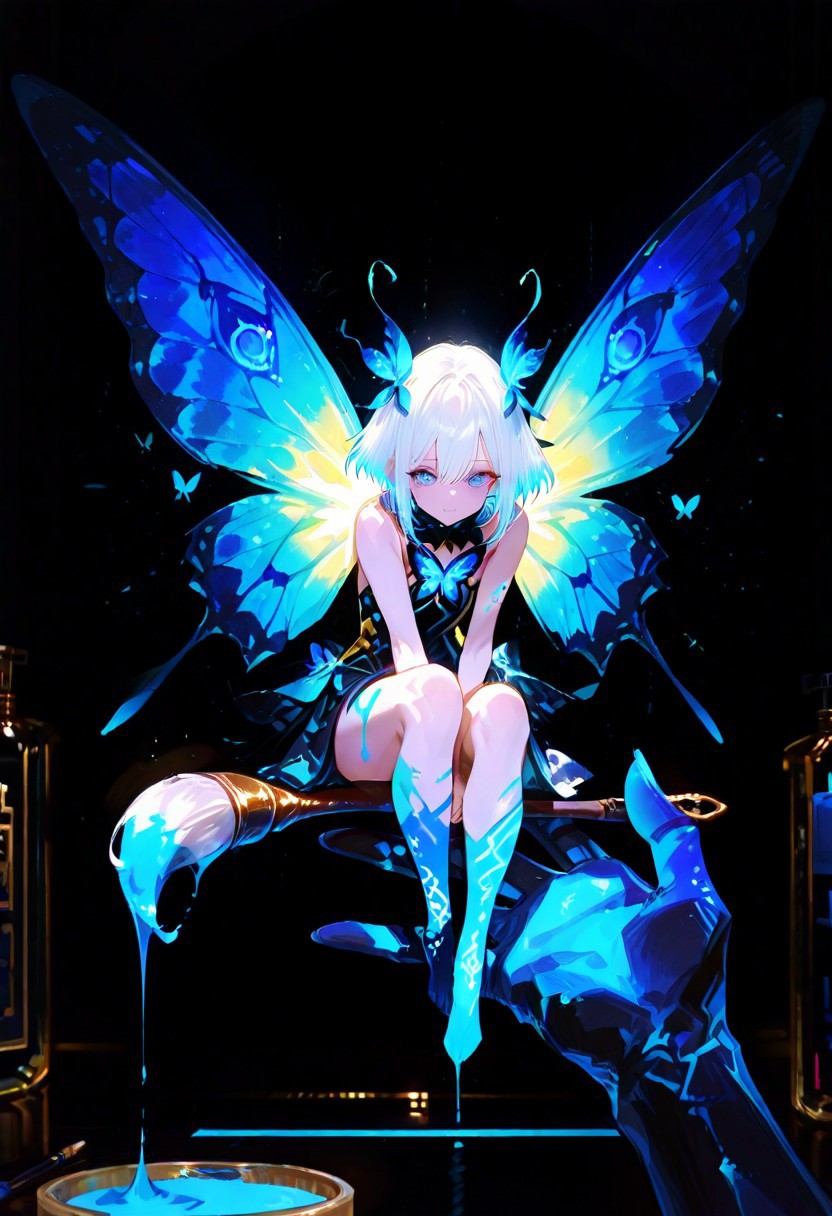 masterpiece, best quality, amazing quality, very aesthetic, absurdres, newest, volumetric lighting, holographic colors, cute, gradient colors, dark background, masterpiece, best quality, amazing quality, very aesthetic, absurdres, newest, volumetric lighting,1girl, 
BREAK
 ambient occlusion, raytracing, soft lighting, blum effect, masterpiece, absolutely eye-catching, particles, glow, shining, intricate cinematic background, (beautiful face),  
BREAK
masterpiece, highly detailed,1girl,beautiful eyes, big eyes, detailed eyes, detailed pupils, perfect body, dynamic pose, dynamic shot,
Leanan Sidhe, minigirl, butterfly wings, paint brush, paint splashes, sitting on giant hand, blue eyes, girl holding giant paint brush,
impasto, vignetting, chiaroscuro, masterpiece, best quality, very aesthetic, absurdres
