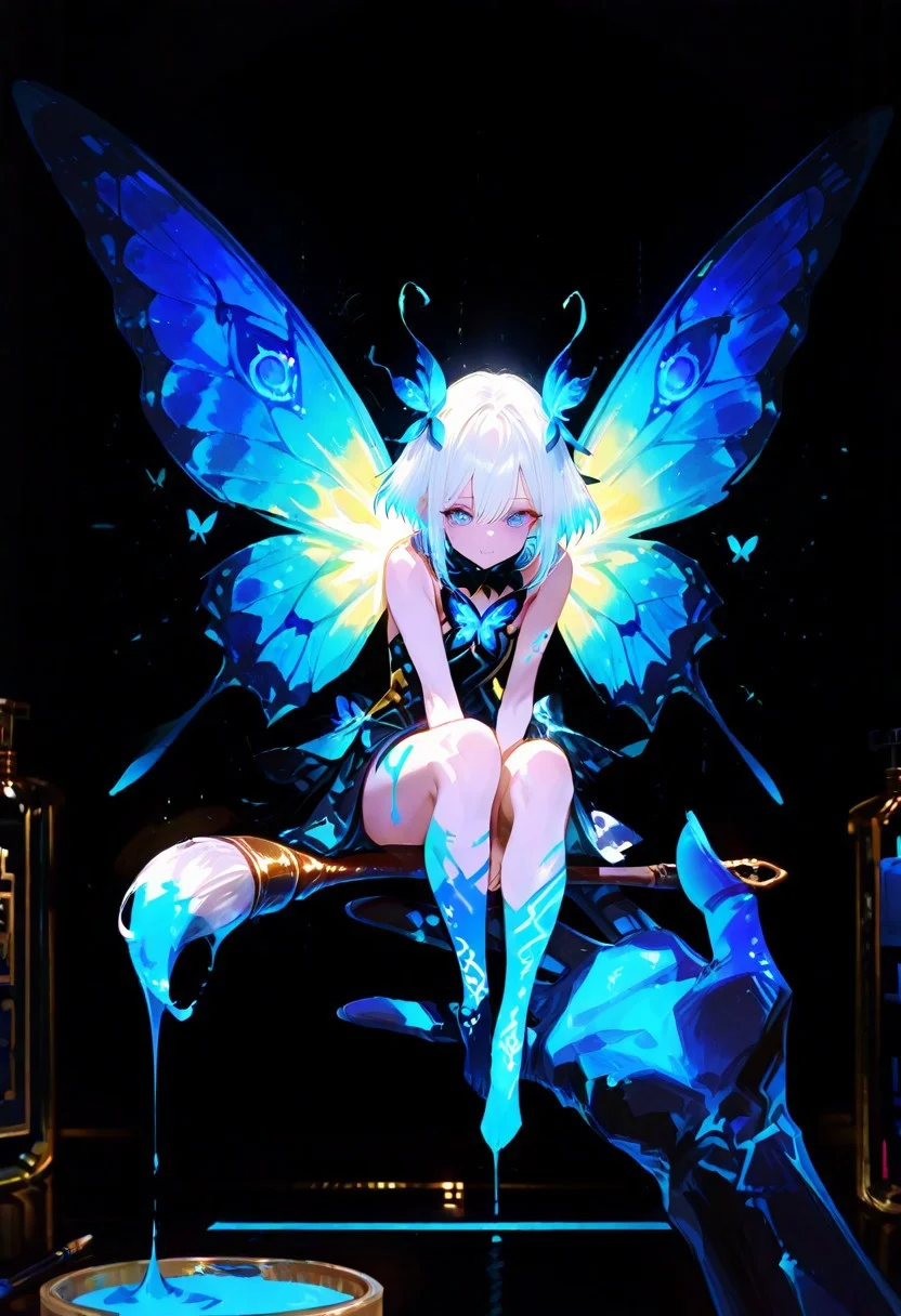 masterpiece, best quality, amazing quality, very aesthetic, absurdres, newest, volumetric lighting, holographic colors, cute, gradient colors, dark background, masterpiece, best quality, amazing quality, very aesthetic, absurdres, newest, volumetric lighting,1girl,
BREAK
ambient occlusion, raytracing, soft lighting, blum effect, masterpiece, absolutely eye-catching, particles, glow, shining, intricate cinematic background, (beautiful face),
BREAK
masterpiece, highly detailed,1girl,beautiful eyes, big eyes, detailed eyes, detailed pupils, perfect body, dynamic pose, dynamic shot,
Leanan Sidhe, minigirl, butterfly wings, paint brush, paint splashes, sitting on giant hand, blue eyes, girl holding giant paint brush,
impasto, vignetting, chiaroscuro, masterpiece, best quality, very aesthetic, absurdres