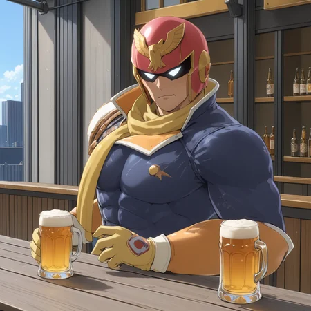 man drinking at bar, beer, CaptainFalconXL <lora:CaptainFalconXL:.69>, (anime, masterpiece, intricate:1.3), (best quality, hires textures, high detail:1.2), (4k),(incredibly detailed:1.4),UHD, 8K, ultra detailed