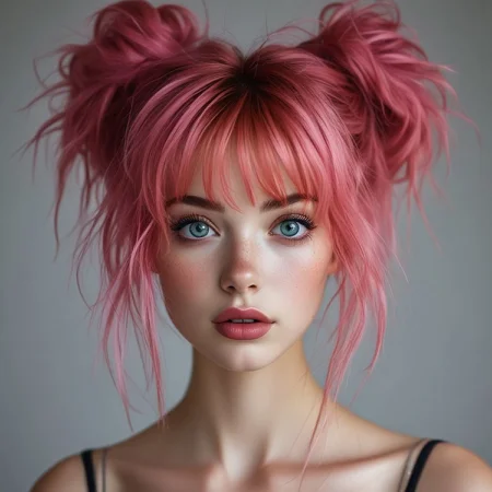 bellissima 1girl, solo, looking at viewer, bangs, simple background, dress, bare shoulders, green eyes, collarbone, pink hair, parted lips, hair bun, lips, eyelashes, double bun, messy hair, portrait, freckles, realistic, spaghetti strap
