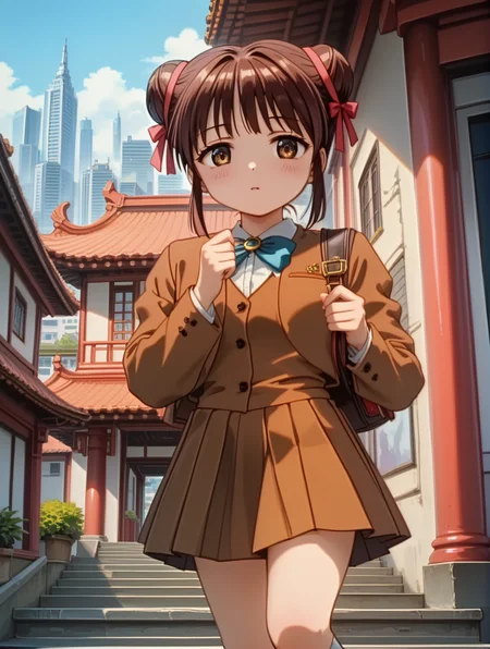 score_9,score_8_up,score_7_up,source_anime,(extremely detailed:1),rating_safe,
(masterpiece, best quality, very aesthetic, ultra detailed),intricate details,4k,beautiful background,(uncensored),nsfw,ultra-detailed,
face_detail,
skin_detail,
lustrous_skin,skindentation,
<lora:Miaka_Yuuki:1>,Miaka Yuuki,1girl,brown hair,brown eyes,
Miaka uniform outfit | double bun,hair bun,ribbon,sidelocks,school uniform,jacket,pleated skirt,white kneehighs,bow,mary janes,
cute,dynamic_angle,
<lora:cfg_scale_boost:0.3>,
innocent_big_eyes,
cute,in spring,chinese_style_loft,east_asian_architecture,city,from_below,