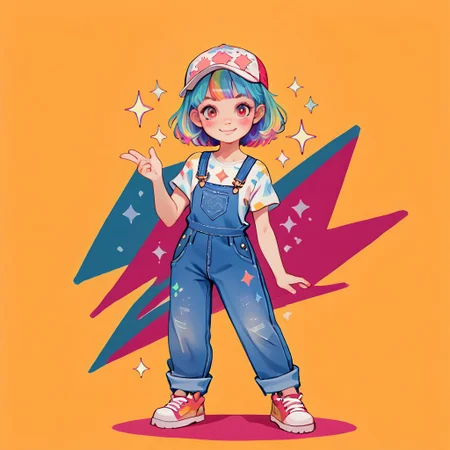 score_9, score_8_up, 1girl, solo, full body, digital art, flat colors, flat color, overalls, sparkle, colorful background, looking at viewer,