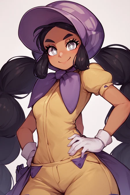 score_9, score_8_up, score_8, medium breasts, (curvy), cute, eyelashes, ,,, , ,,, zzHapu, grey eyes, black hair, long hair, twintails, very long hair, dark skin, bright pupils, white pupils, gloves, purple bonnet, short sleeves, jumpsuit, <lora:Hapu_Pokemon_PDXL:1.0>, ,,,, BREAK, <lora:Afrobull_PDXL_v5:0.8>, ,,, BREAK, smile, looking at viewer, closed mouth, cowboy shot, ,,, embedding:zPDXL, Expressiveh, ,,, <lora:SDXLFaeTastic2400:0.5>, <lora:Expressive_H-000001:0.4>,