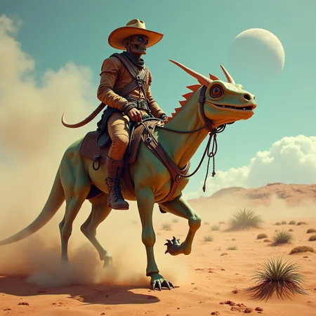 Bizarre alien cowboy, riding a strange lizard-like creature instead of a horse, on the surface of a strange alien planet