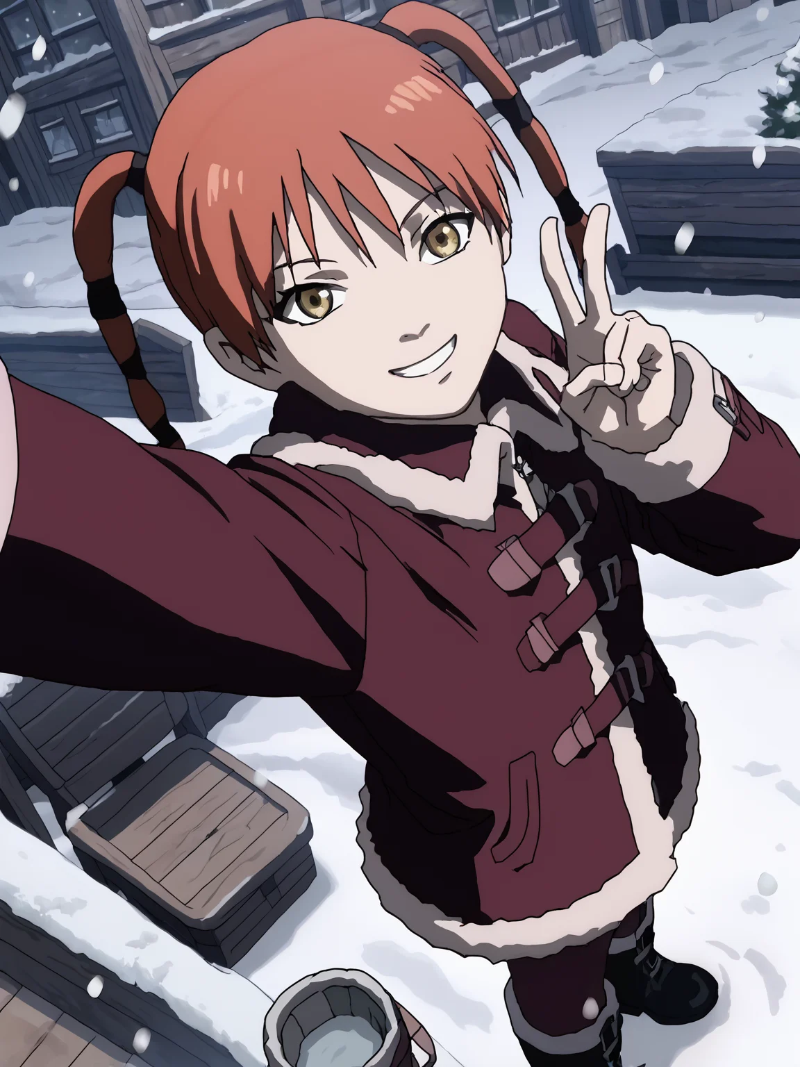 score_9, score_8_up, score_7_up, score_anime, rating_explicit, uncensored, BREAK 1girl, <lora:Ran_Theoria_PDXLv0.1:0.8> ran_theoria, coat, anime screencap, boots, black footwear, snowing, snowflakes, <lora:selfie-outstretched-arm-ponyxl-lora-nochekaiser:1> selfie, arm up, foreshortening, looking at viewer, outstretched arm, reaching, reaching towards viewer, v:1.2