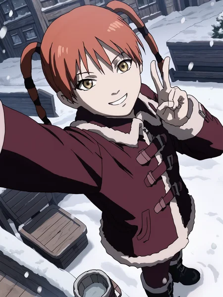 score_9, score_8_up, score_7_up, score_anime, rating_explicit, uncensored, BREAK 1girl, <lora:Ran_Theoria_PDXLv0.1:0.8> ran_theoria, coat, anime screencap, boots, black footwear, snowing, snowflakes, <lora:selfie-outstretched-arm-ponyxl-lora-nochekaiser:1> selfie, arm up, foreshortening, looking at viewer, outstretched arm, reaching, reaching towards viewer, v:1.2