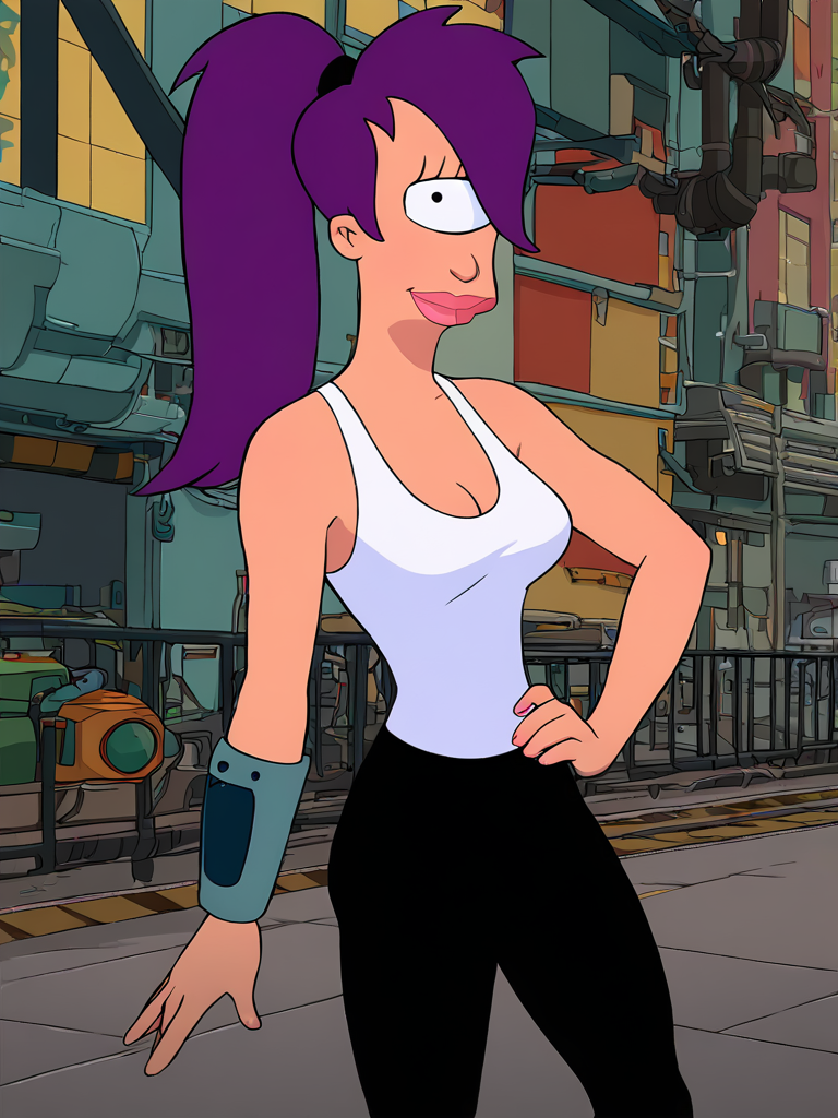<lora:LeelaPony1.0:1> leela, 1girl, purple hair, one-eyed, cyclops, ponytail, long hair,white tank top,black pants solo, breasts, cleavage, lips,looking at viewer, hand on own hip,smile,standing, city, science fiction,   score_9, score_8_up, score_7_up,  <lora:Jabstyle_AMXLV1:0.8>