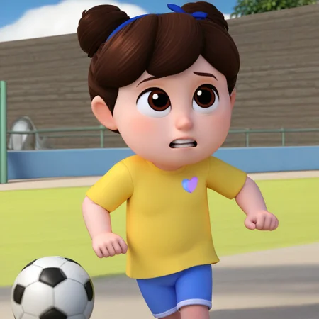 masterpiece, best quality, break, solo, female child, remy_rb, brown hair, brown eyes, double bun, yellow shirt, shorts, outdoors, soccer
