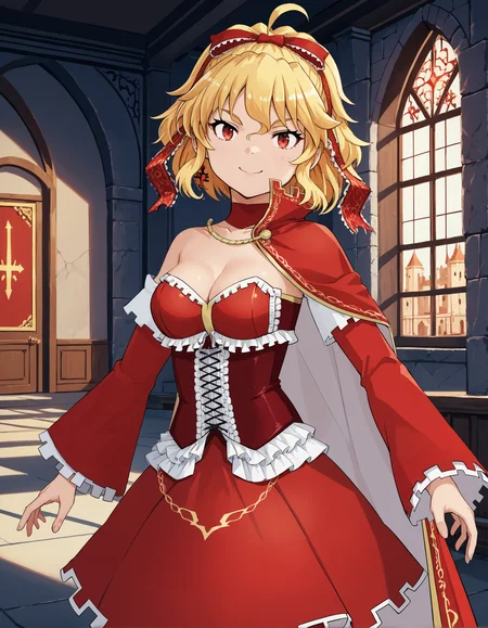 score_9, score_8_up, source_anime, 1girl, upper body, medium shot, detailed, pmmmelisaceljska, elisamgc, blonde hair, ahoge, red eyes, single earring, red hair ribbon, red choker, red side cape, red corset, white frills, red detached sleeves, red skirt, indoors, castle, light smile, dynamic pose, <lora:pmmmelisaceljska_XL:0.9>