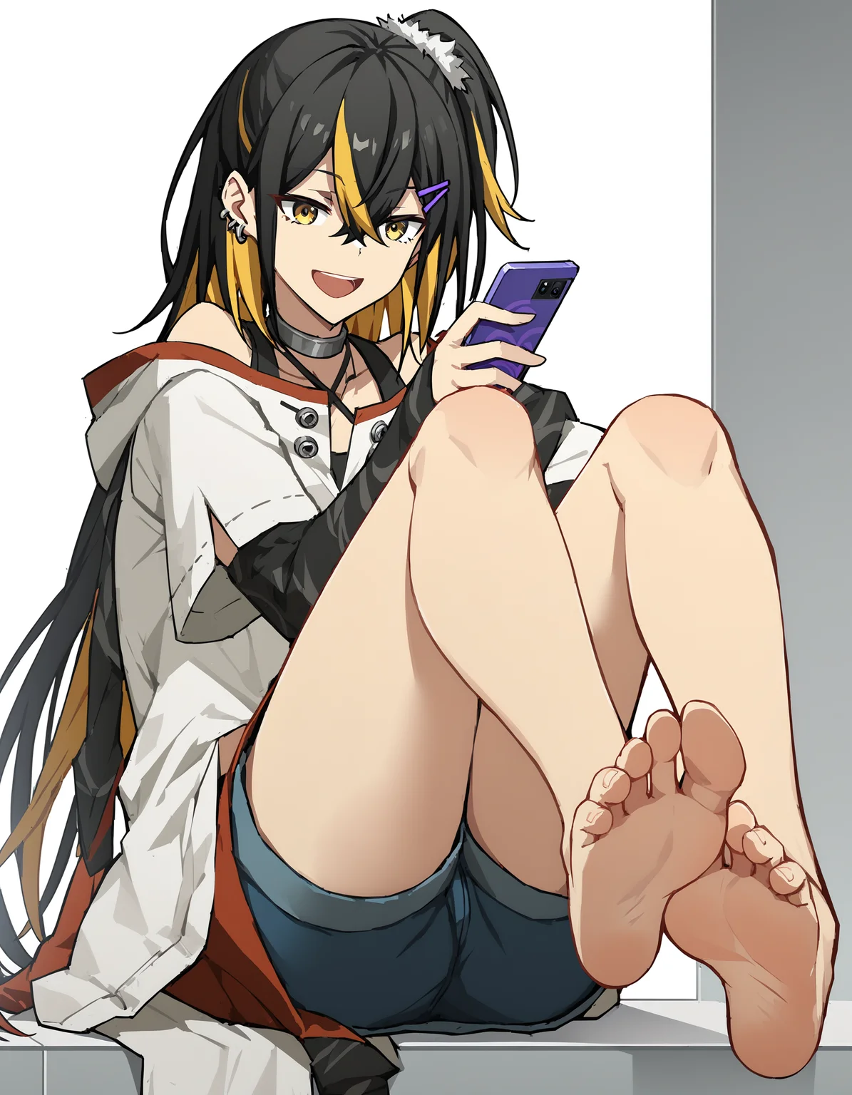 score_9,score_8_up,score_7_up,
<lora:naina_pony:0.8>,naina,1girl,solo,barefoot,black hair,toes,feet,soles,multicolored hair,phone,shorts,blonde hair,hair ornament,white background,cellphone,hairclip,bare legs,ear piercing,looking at viewer,yellow eyes,smile,piercing,full body,simple background,bangs,foreshortening,holding,jacket,sitting,shirt,long sleeves,open mouth,short sleeves,white shirt,legs,smartphone,hair between eyes,ponytail,colored inner hair,streaked hair,foot focus,long hair,bare shoulders,two-tone hair,<lora:Anime_Screencap:1>,anime screencap,