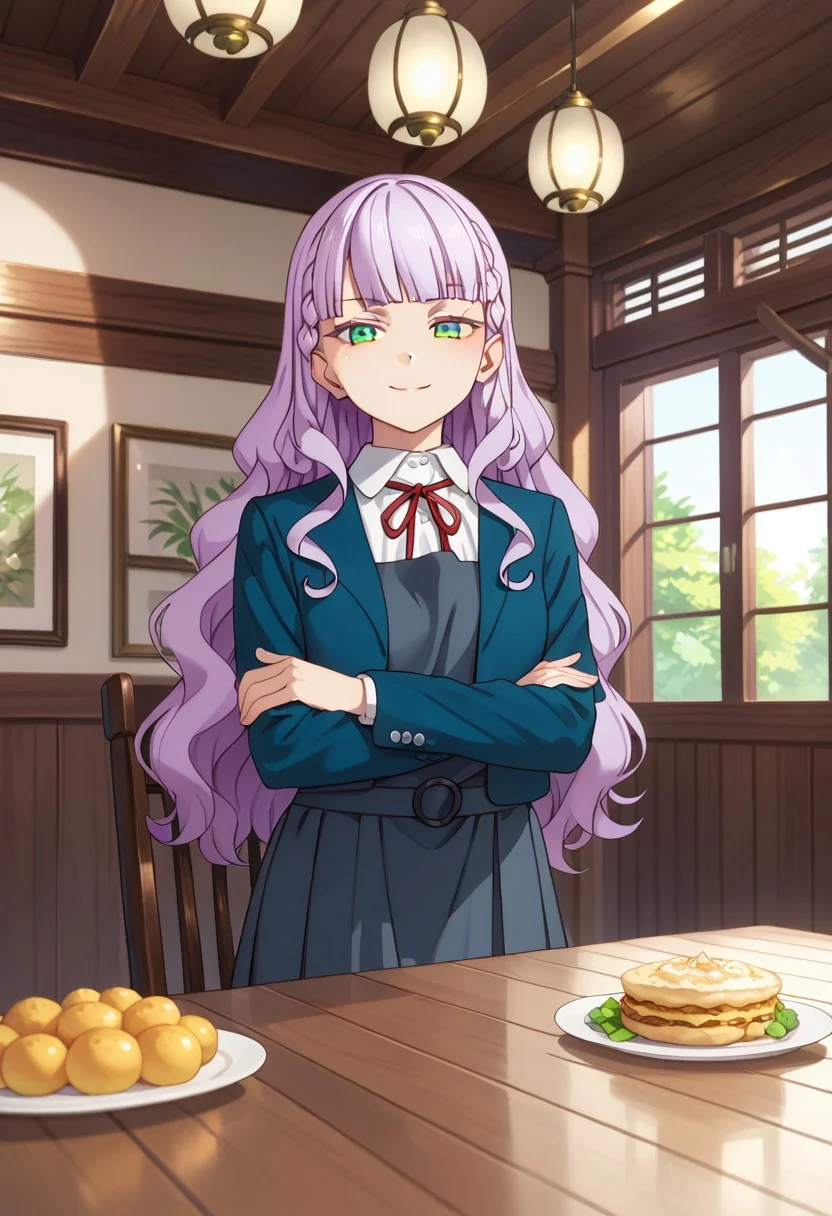 zPDXLxxx, score_9, score_8_up, score_7_up, score_6_up, uncensored, BREAK, source_anime, BREAK masterpiece, best quality, masterpiece, uncensored, detailed background, high-res image, ultra-detailed, lidded eyes. 8K, illustration, ultra-detailed-eyes, perfect face, beautiful face, perfect body, sexy body, hot body, indoors, restaurant, table, food on table, chair, sit, crossed legs, 1girl, solo, wien, light purple hair, long hair, green eyes, wavy hair, blunt bangs, braid, yuigaoka school uniform, winter uniform, long sleeves open blue jacket, sleeveless grey pinafore dress, red neck ribbon, white collared shirt, crossed arms, calm, light smile