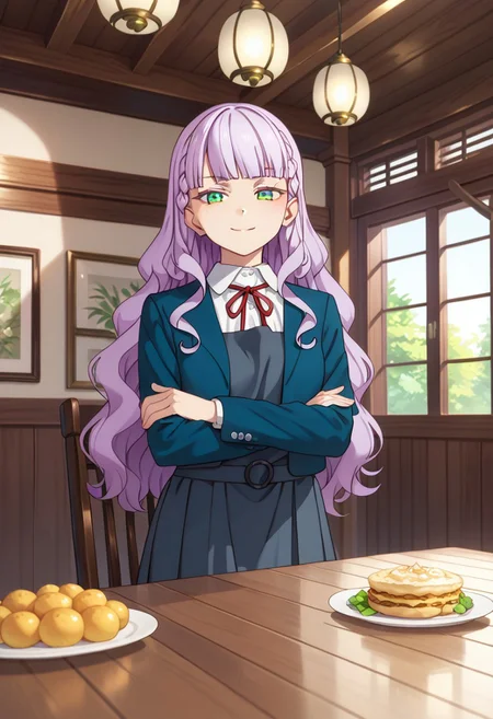 zPDXLxxx, score_9, score_8_up, score_7_up, score_6_up, uncensored, BREAK, source_anime, BREAK masterpiece, best quality, masterpiece, uncensored, detailed background, high-res image, ultra-detailed, lidded eyes. 8K, illustration, ultra-detailed-eyes, perfect face, beautiful face, perfect body, sexy body, hot body, indoors, restaurant, table, food on table, chair, sit, crossed legs, 1girl, solo, wien, light purple hair, long hair, green eyes, wavy hair, blunt bangs, braid, yuigaoka school uniform, winter uniform, long sleeves open blue jacket, sleeveless grey pinafore dress, red neck ribbon, white collared shirt, crossed arms, calm, light smile