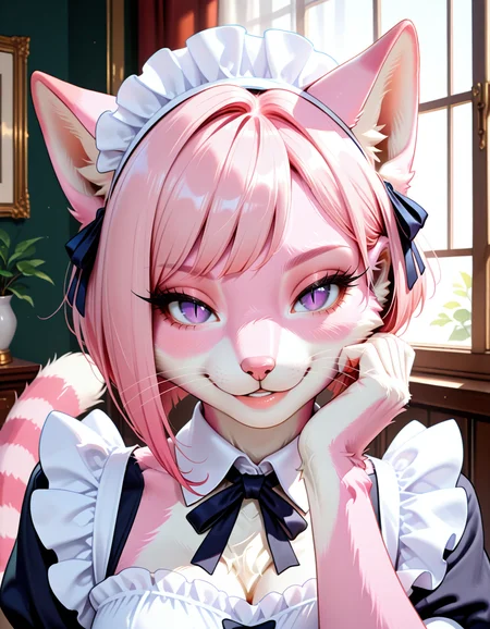 masterpiece, best quality, very aesthetic, absurdres,
indoors, maid,
upper body, posing,
seductive smile, parted lips, long eyelashes,
<lora:CiviChan_v01_NAIXL:1>
CiviChan,1girl,solo,furry,furry female,cat girl,cat ears,short hair,pink hair,purple eyes,slit pupils,snout,animal nose,whiskers,body fur,striped tail,