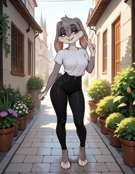 masterpiece, best quality, very aesthetic, absurdres,
outdoors, casual, 
full body, standing, posing, 
seductive smile, parted lips, long eyelashes,
 <lora:Violet_v01_NAIXL:1>
V10l37,1girl,solo,furry,furry female, rabbit girl, rabbit ears, animal nose, buck teeth, body fur, grey fur, rabbit tail,